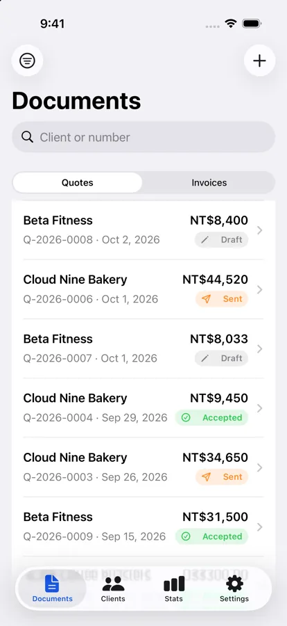 QuoteFlow list of quotes and invoices